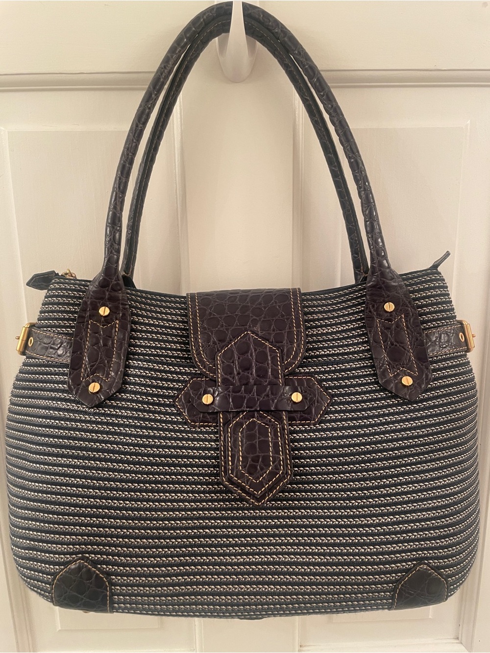 Eric Javits Black and White Woven Satchel with Dark Brown Croc Trim
